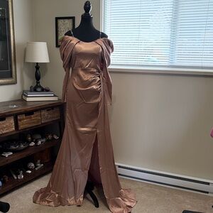 Satin Rose Gold Evening Gown with Draped Sleeve